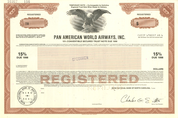 Pan American World Airways, Inc. - Specimen Bond